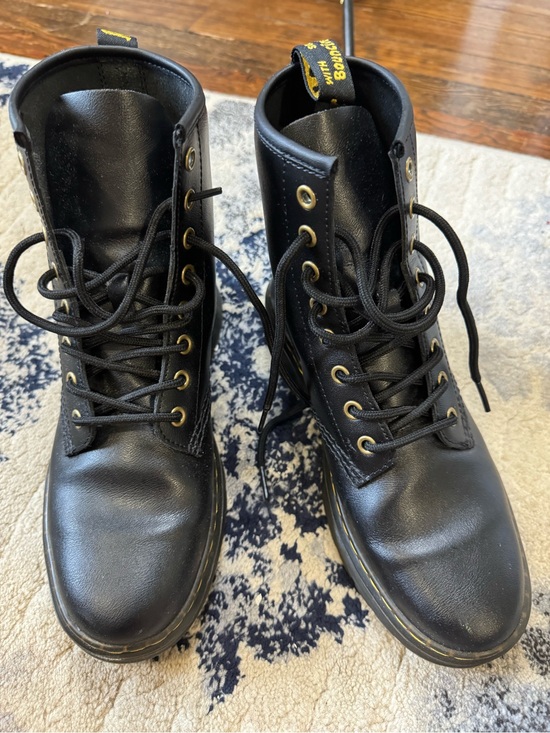 Dr. Martens Shoes - Dr. Martens Black Leather Lace-Up Boots with Yellow Accents